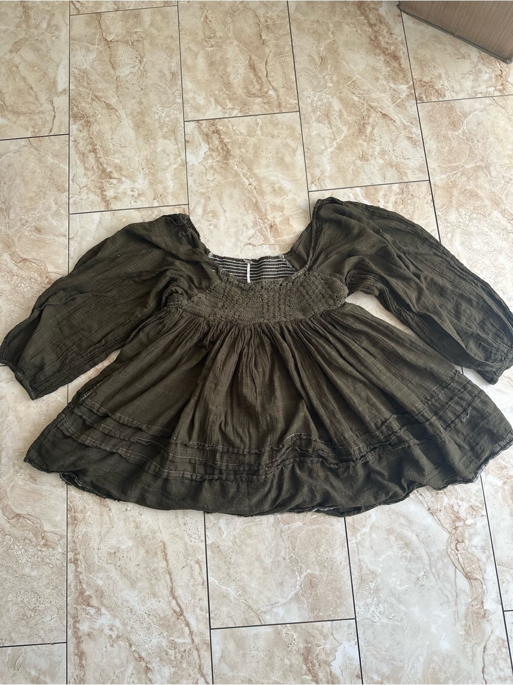 Free People Olive Peasant Tunic with Smocked Waist - Picture 4 of 9